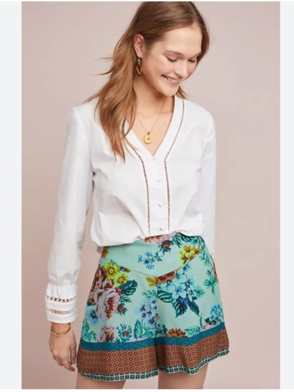 Maeve Carolina Floral Shorts in teal and rust tones from Anthropologie – Size 8